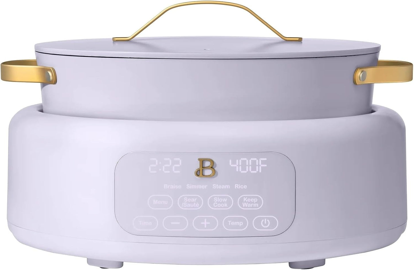 Beautiful 10-in-1 Electric Multi-Cooker by Drew Barrymore, 6-quart, digital display, 10 cooking functions, non-stick pot, easy one-touch control (Lavender)