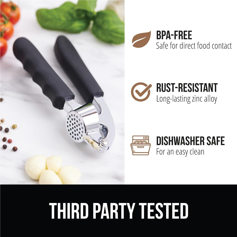 GORILLA GRIP Garlic Press and Peel Set, Heavy Duty Mincer Tool, Large Ergonomic Handle, Easily Mince, Crush Garlics Ginger Nuts, Peeler Included for Peeling Cloves, Holiday Prep Kitchen Gadgets, Black