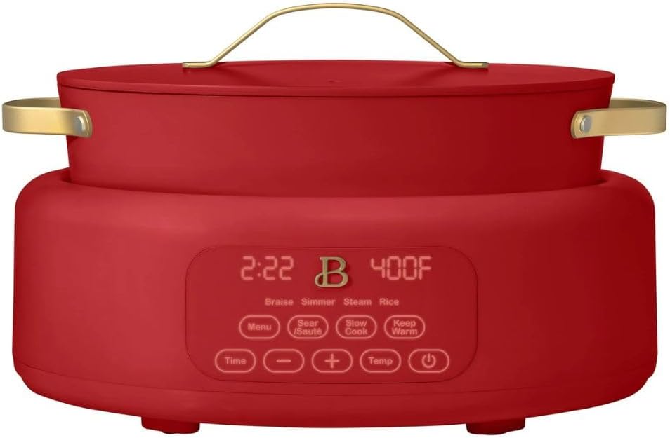 Beautiful 10-in-1 Electric Multi-Cooker, 6-QT Capacity, 7 Preset Functions, Saute, Slow Cook, Braise, Steam, Dishwasher Safe, Oven Safe, Durable Stainless Steel Handles (TOMATO RED)