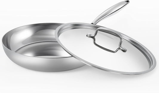 12 Inch Stainless Steel Frying Pan with Lid, 3-Ply Stainless Clad Skillets Fry Pan Fast & Even Heating, Oven Safe Up to 600℉ Dishwash Safe Compatible for All Cooktops Kitchen Cookware