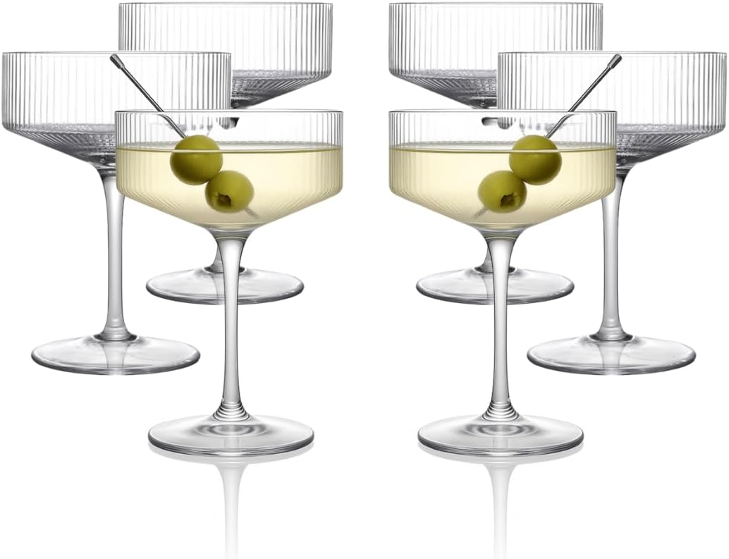 LEMONSODA Clear & Ribbed Martini Coupe Glasses - Classic Barware for Espresso Martini, Manhattan, Cosmopolitan – Handcrafted Luxury Glassware for Home Entertaining (Ribbed 9.5oz, Set of 6)