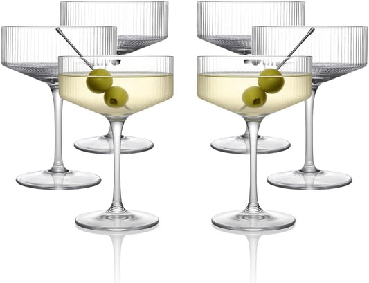 LEMONSODA Clear & Ribbed Martini Coupe Glasses - Classic Barware for Espresso Martini, Manhattan, Cosmopolitan – Handcrafted Luxury Glassware for Home Entertaining (Ribbed 9.5oz, Set of 6)