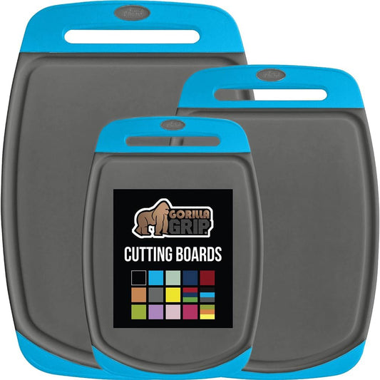 GORILLA GRIP BPA-Free Reversible Kitchen Cutting Board Set of 3, US Designed, Nonporous, Juice Grooves Catch Liquid, Slip Resistant Border, Dishwasher Safe, Durable Food Chopping Boards, Aqua Gray