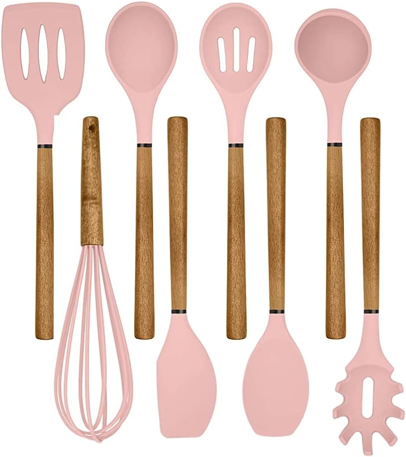Country Kitchen Non Stick Silicone Utensil Set with Rounded Wood Handles for Cooking and Baking, 8 Piece Set, Pink