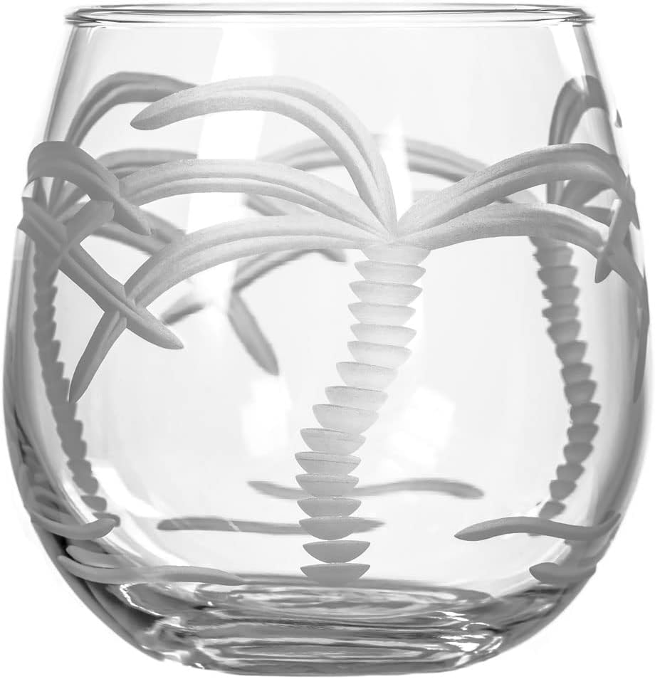 Rolf Glass Palm Tree Stemless Red Wine Glass 16.75 oz | Set of 4 Tumbler Wine Glasses | Lead-Free Glass | Etched Stemless Wine Glasses | Made in the USA | A Classic