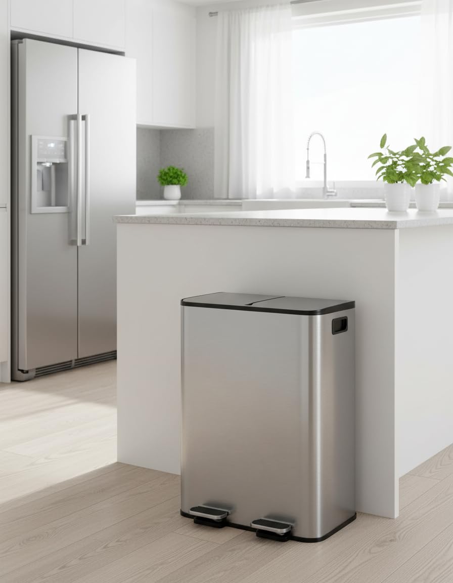 GarveeHome Double Trash Can for Kitchen, 16 Gal (2 x 8 Gal) Stainless Steel Dual Compartment Step-On Garbage & Recycle Bin Combo with Lids, Grey