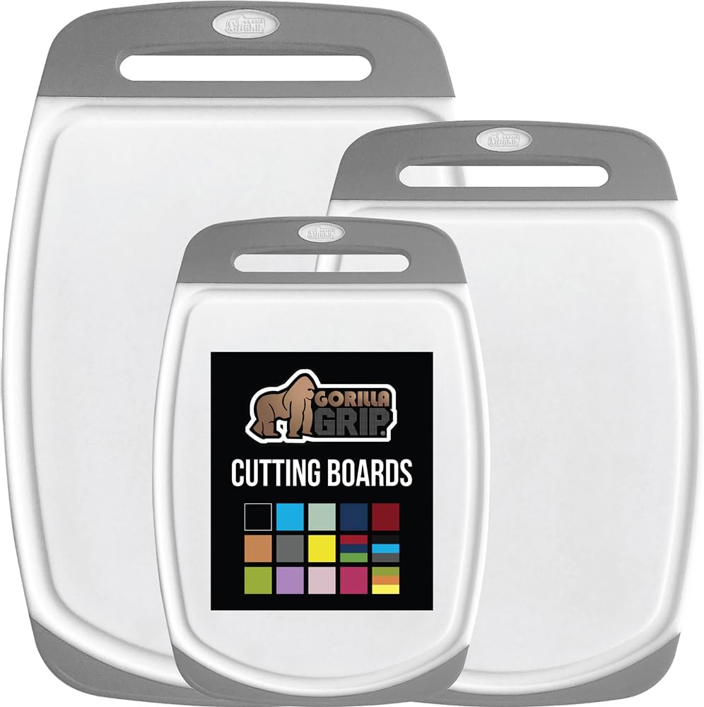 GORILLA GRIP BPA-Free Reversible Kitchen Cutting Board Set of 3, Nonporous, Juice Grooves to Catch Liquid, Slip Resistant Handle Border, Dishwasher Safe, Durable Large Food Chopping Boards, Gray