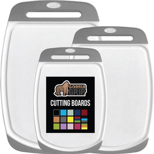 GORILLA GRIP BPA-Free Reversible Kitchen Cutting Board Set of 3, Nonporous, Juice Grooves to Catch Liquid, Slip Resistant Handle Border, Dishwasher Safe, Durable Large Food Chopping Boards, Gray