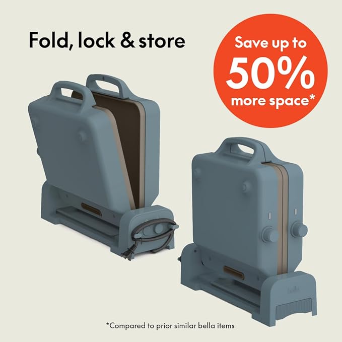 bella 10"x 20" Ceramic Fold-n-Store Dual Temp Griddle, Fits-anywhere™ Kitchenware, EverGood™ Ceramic Nonstick Coating, 2 Temperature Zones up to 400°F, Dishwasher Safe Drip Tray, 1500 Watt, Surf