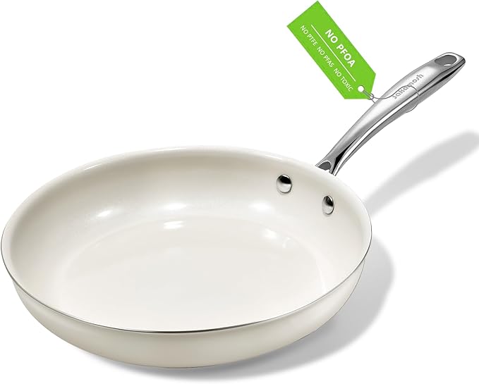 9.5" Ceramic Frying Pan Nonstick, Skillet, Cooking Pan Non Toxic with Stay Cool Handle for Induction, Chef's Pan, PTFE & PFAS & PFOA Free, Dishwasher/Oven Safe, White