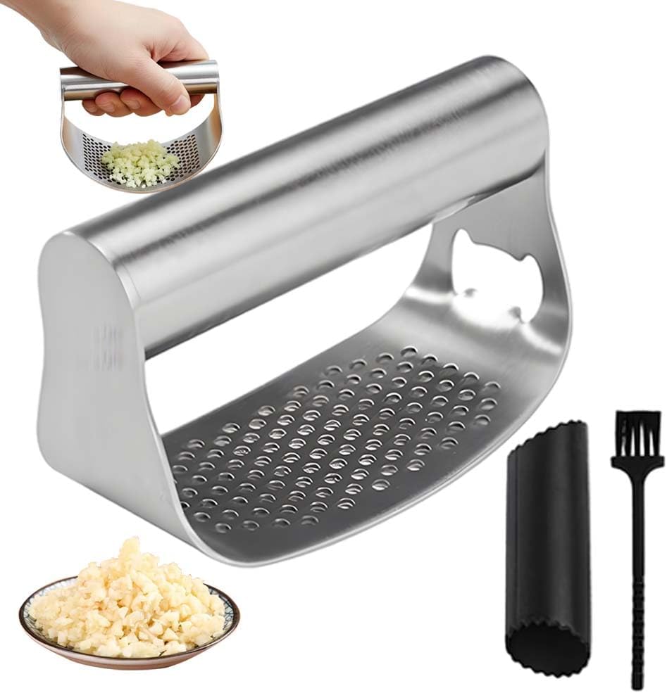 Stainless Steel Garlic Press, 2026 Upgrade Garlic Press Rocker Heavy Duty Stainless Steel Garlic Mincer, Heavy Garlic Chopper with Peeler And Cleaning Brush (With Corkscrew)