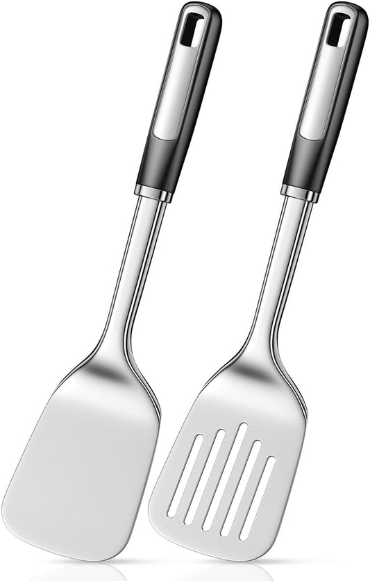 Stainless Steel Spatula Set, 2 Piece Heavy Duty Metal Turner Set, Thickened Solid & Slotted Spatula for Cooking, Heat Resistant Kitchen Utensils for Frying Fish, Eggs, Steak or Pancakes