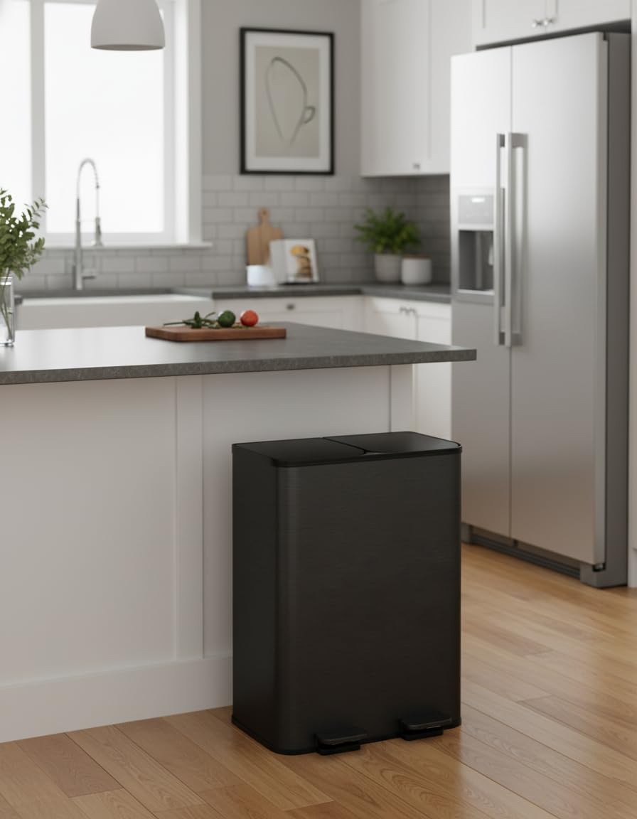 GarveeHome Dual Compartment Stainless Steel Trash Can, 16 Gal (2 x 8 Gal) Double Kitchen Recycling Bin with Lid, Step-On, Removable Inner Buckets, Liner Rim, Black