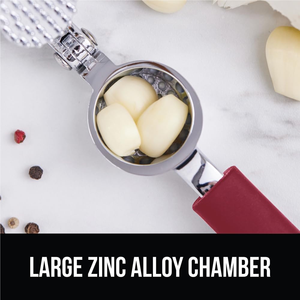 GORILLA GRIP Garlic Press and Peel Set, Heavy Duty Mincer Tool, Large Ergonomic Handle, Easily Mince and Crush Garlics, Ginger, Nuts, Seeds, Peeler Included, Peeling Cloves, Kitchen Gadgets, Red