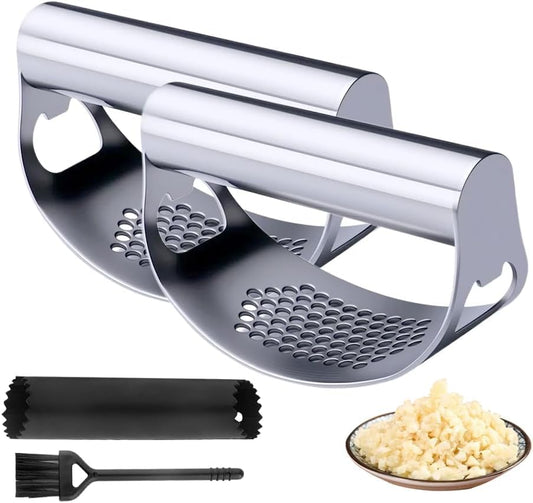 Stainless Steel Garlic Press, 2026 Upgrade Garlic Press Rocker Heavy Duty Stainless Steel Garlic Mincer, Heavy Garlic Chopper with Peeler And Cleaning Brush (2PCS With Corkscrew)