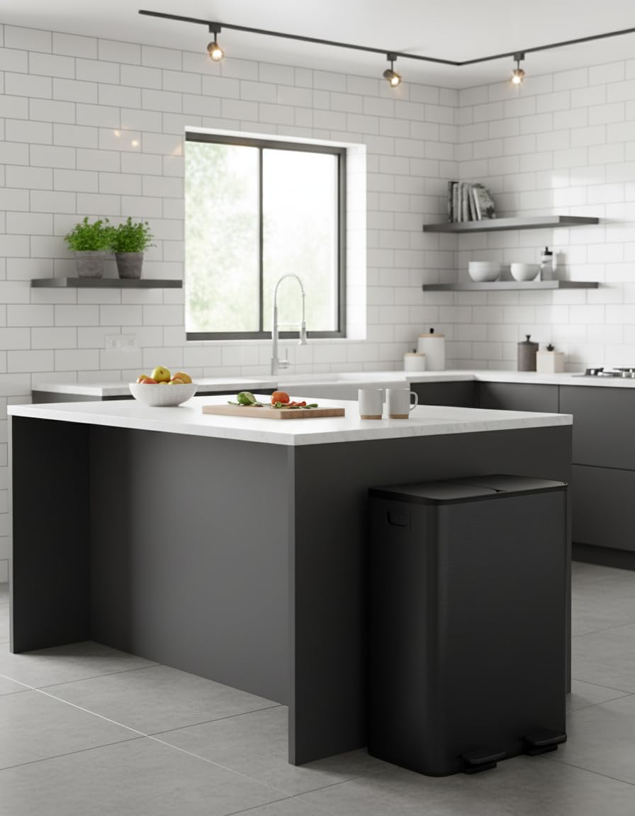 GarveeHome Dual Compartment Stainless Steel Trash Can, 16 Gal (2 x 8 Gal) Double Kitchen Recycling Bin with Lid, Step-On, Removable Inner Buckets, Liner Rim, Black