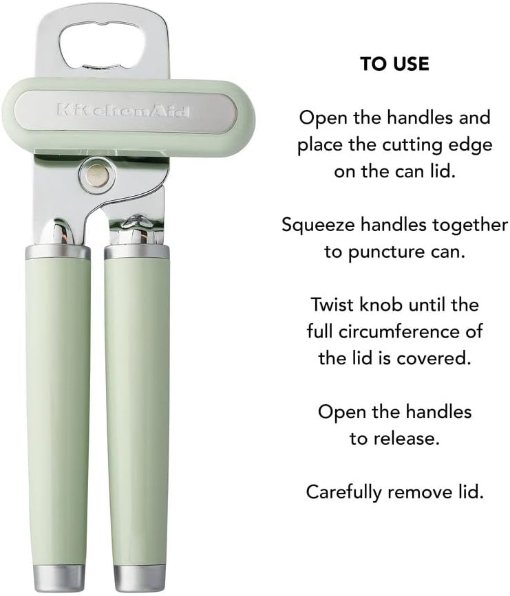 KitchenAid Classic Multifunction Can Opener and Bottle Opener Easy to Use, Razor Sharp Stainless Steel Cutting Wheel, Soft Ergonomic Handles, Pistachio