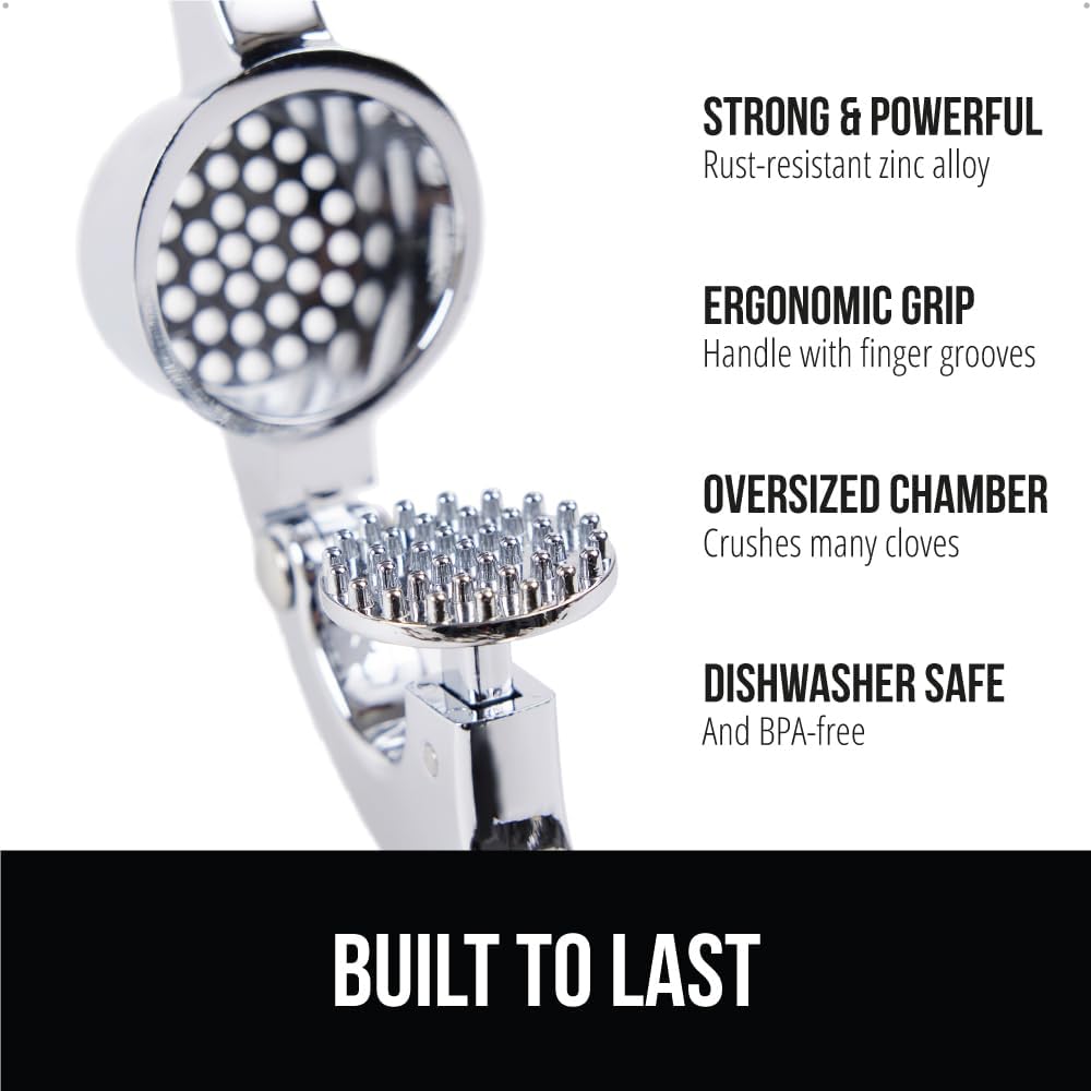 GORILLA GRIP Garlic Press and Peel Set, Heavy Duty Mincer Tool, Large Ergonomic Handle, Easily Mince and Crush Garlics, Ginger, Nuts, Seeds, Peeler Included, Peeling Cloves, Kitchen Gadgets, Red