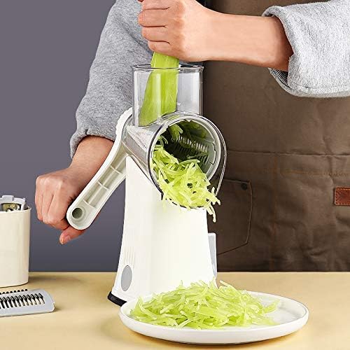 Rotary cheese grater with 5 different interchangeable blades vegetable cheese grater slicer with handle with non-slip suction cup base for kitchen for cheese, vegetables, fruits, white