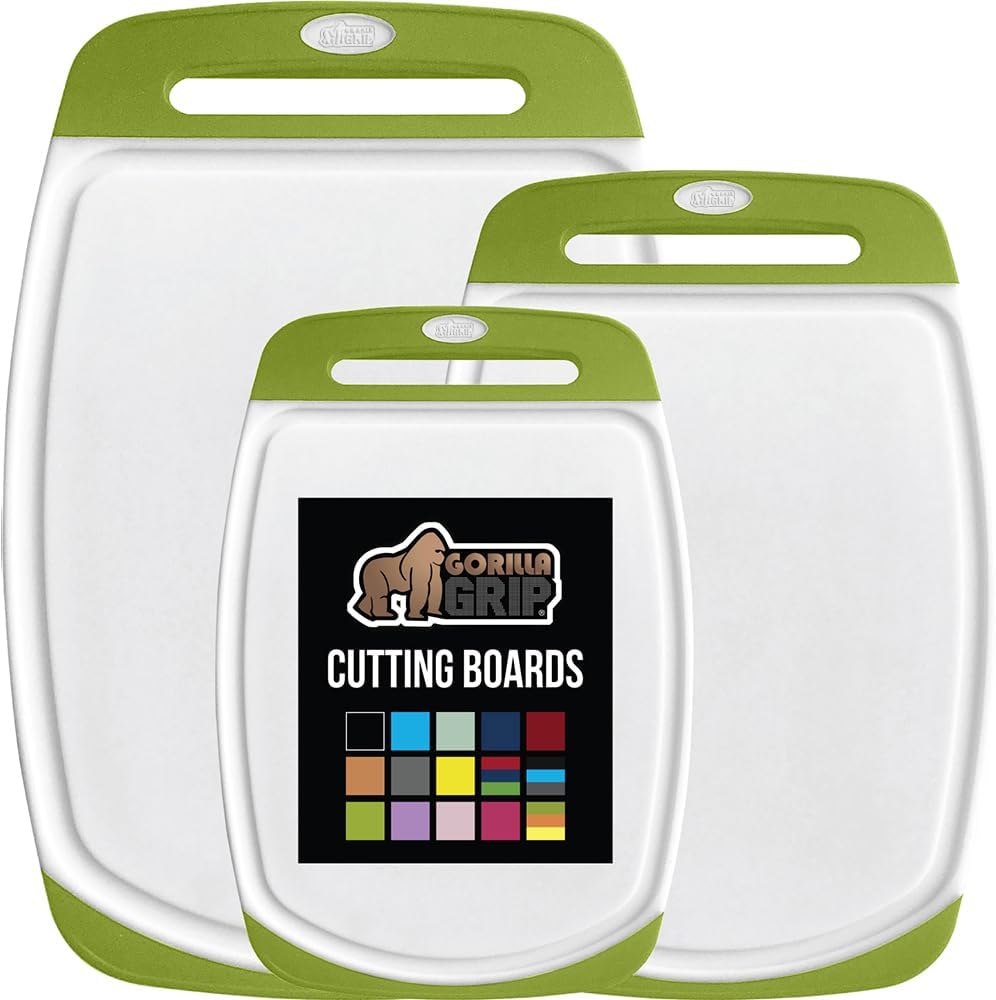 GORILLA GRIP BPA-Free Reversible Kitchen Cutting Board Set of 3, US Designed, Nonporous, Juice Grooves Catch Liquid, Slip Resistant Border, Dishwasher Safe, Durable Food Chopping Boards, Lime Green