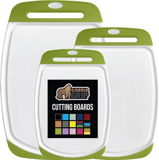 GORILLA GRIP BPA-Free Reversible Kitchen Cutting Board Set of 3, US Designed, Nonporous, Juice Grooves Catch Liquid, Slip Resistant Border, Dishwasher Safe, Durable Food Chopping Boards, Lime Green