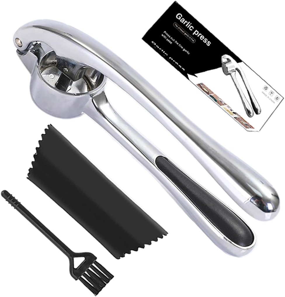 Garlic Press And Peel Set,Heavy Duty Garlic Crusher,Rust Proof Garlic Mincer Tool,Easy to Squeeze And Clean, Includes Silicone Garlic Peeler And Brush