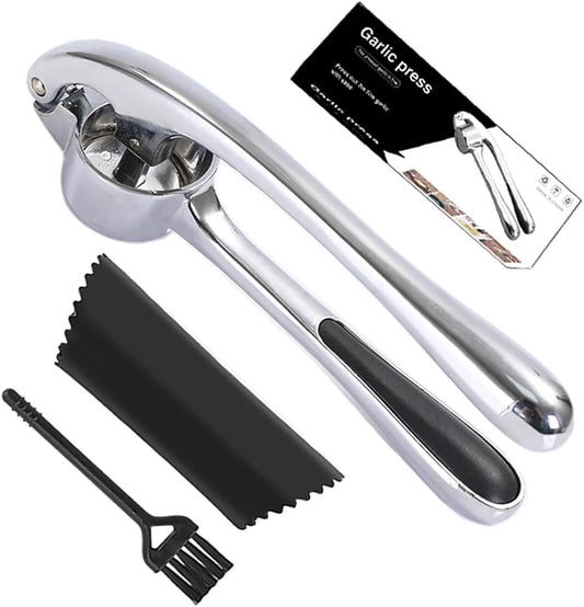 Garlic Press And Peel Set,Heavy Duty Garlic Crusher,Rust Proof Garlic Mincer Tool,Easy to Squeeze And Clean, Includes Silicone Garlic Peeler And Brush