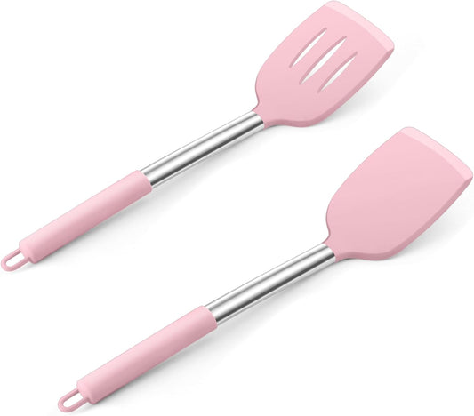 E-far Silicone Spatula Set of 2, Solid & Slotted Turner for Nonstick Cookware, Heat Resistant Rubber Kitchen Cooking Utensils for Flipping Fish Pancake Egg - Pink