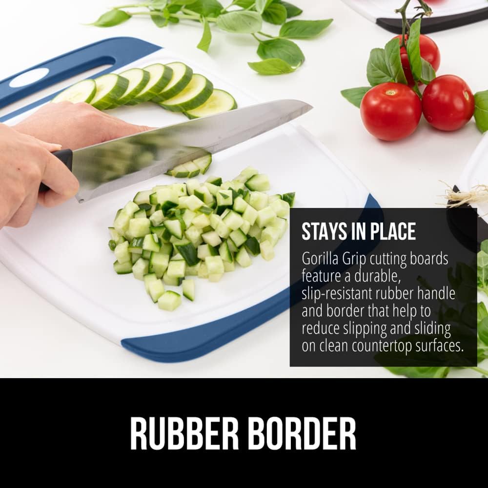 GORILLA GRIP BPA-Free Reversible Kitchen Cutting Board Set of 3, US Designed, Nonporous, Juice Grooves Catch Liquid, Slip Resistant Border, Dishwasher Safe Large Food Chopping Boards, Red Blue Green