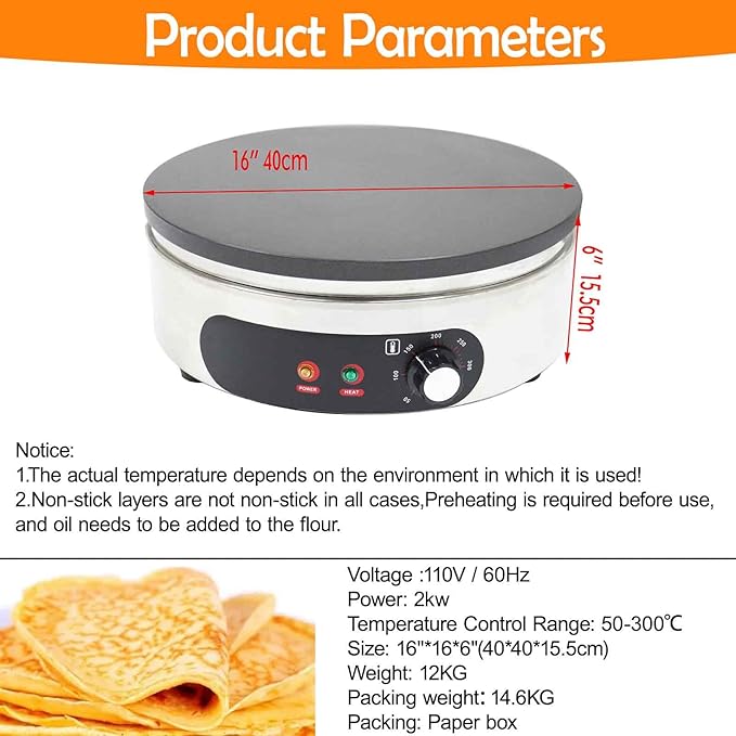Electric Single Burner Crepe Maker,2KW Round Stainless Steel Pancake Machine 40cm(15.75") Nonstick Griddle with Temperature Control for Pancakes, Eggs, Bacon & Tortillas