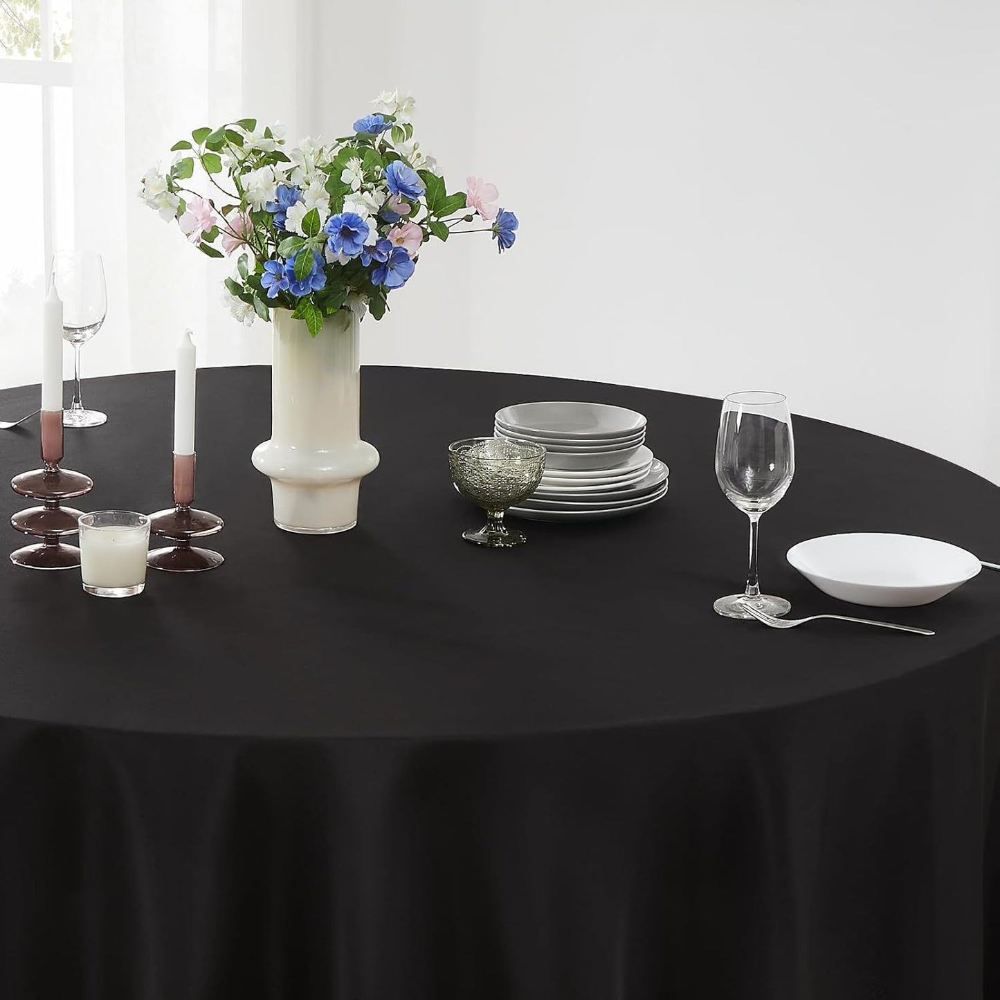 Round Tablecloth 120 Inch 1 Pack Black Tablecloths Washable Decorative Linen Polyester Table Clothes Cover for Dining Table Banquets Buffet Parties and Wedding