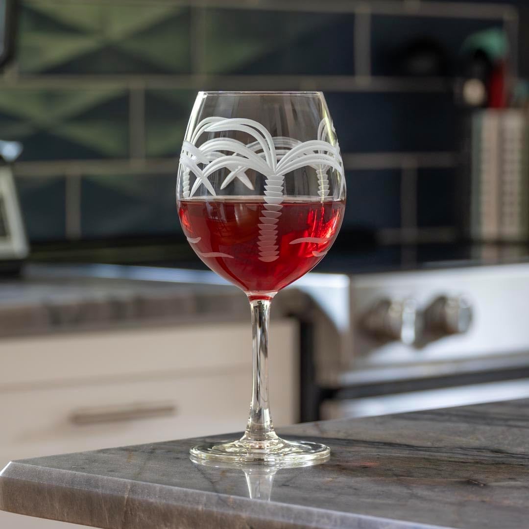 Rolf Glass Palm Tree Balloon Wine Glass | 18oz Red Wine Glasses | Lead-Free, Diamond-Wheel Engraved Crystal Glass | Coastal Palm Tree Design| Made in the USA | Set of 2