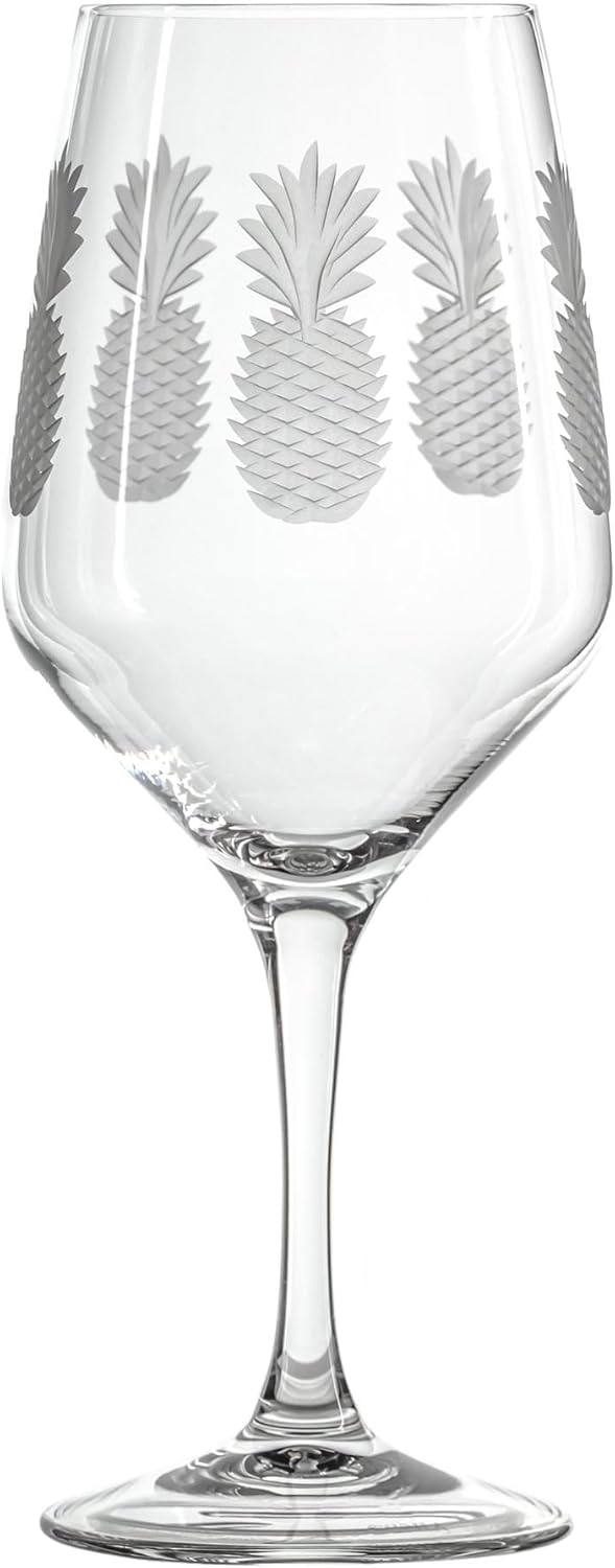 Rolf Glass Fresh Pineapple All Purpose Wine Glass | 19.5oz Stemmed Glass | Lead-Free and Diamond-Wheel Engraved | Tropical Etched Pineapple Design | Coastal Glassware | Set of 4