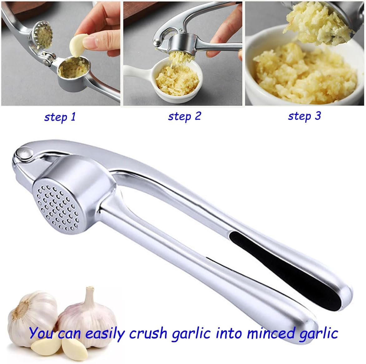 Garlic Press And Peel Set,Heavy Duty Garlic Crusher,Rust Proof Garlic Mincer Tool,Easy to Squeeze And Clean, Includes Silicone Garlic Peeler And Brush