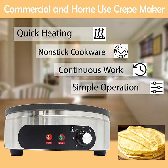 Electric Single Burner Crepe Maker,2KW Round Stainless Steel Pancake Machine 40cm(15.75") Nonstick Griddle with Temperature Control for Pancakes, Eggs, Bacon & Tortillas