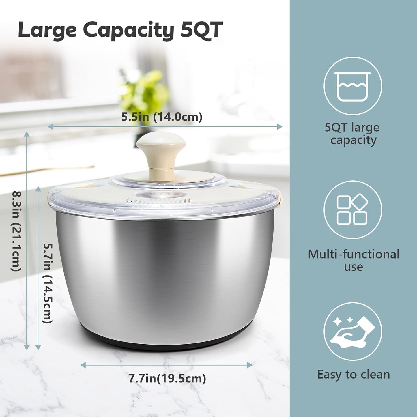 Salad Spinner Stainless Steel，Manual lettuce dryer With lid, basin, drain frame and non-slip base,lettuce spinner with Quick Spin,Spaghetti & Chip Strainer BPA Free,Easy Clean,5qt