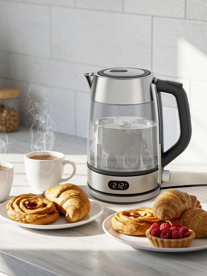 Kismile Electric Kettle, Color-Changing Light, 7 Adjustable Temp Settings & 2h Keep Warm, Auto Shut-Off, 1.7L 1500W Water Boiler for Coffee & Tea, Borosilicate Glass