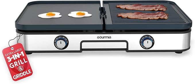 Gourmia 3-in-1 Indoor Grill & Griddle Electric Combo – Dual Independent Cooking Zones, Reversible Nonstick Ceramic Plates, XL Cooking Surface, 250–400°F Adjustable Temp, Dishwasher Safe