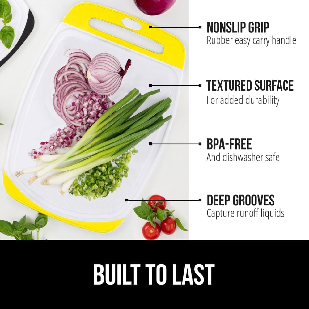 GORILLA GRIP BPA-Free Reversible Kitchen Cutting Board Set of 3, US Designed, Nonporous, Juice Grooves Catch Liquid, Slip Resistant Border, Dishwasher Safe, Durable Large Food Chopping Boards, Yellow