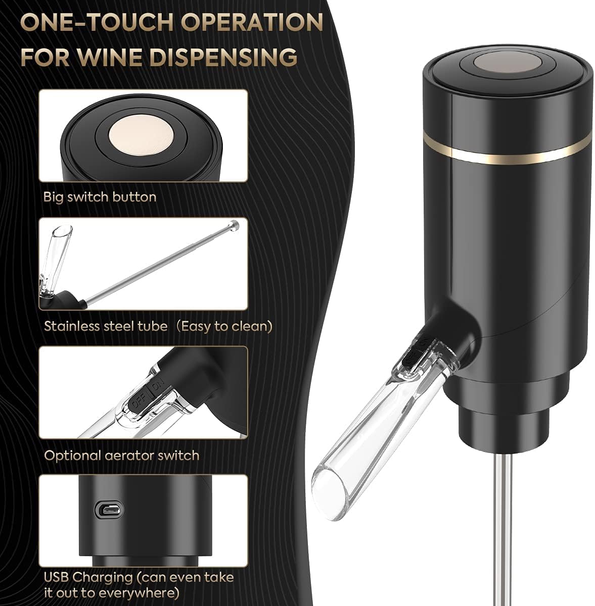 Electric Wine Aerator, Wine Dispenser Pump, Automatic Wine Pourer, Instant Wine Decanter, One-Touch Wine Oxidizer with Retractable Tube, Portable and USB Rechargeable, Matte Black