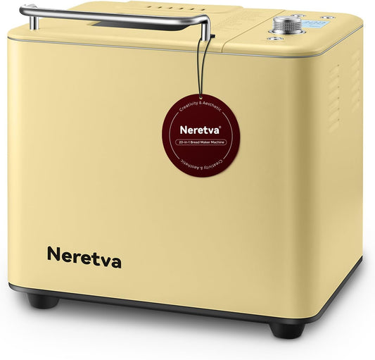 Neretva 20-IN-1 Bread Maker, Dual Heater 2LB Bread Machine All Metal&Nonstick Ceramic Pan Bread Makers Machine Compact for Gluten Free/Dough Maker/Dried Meat Floss/Jam/Yogurt, Breadmaker Recipe-Yellow