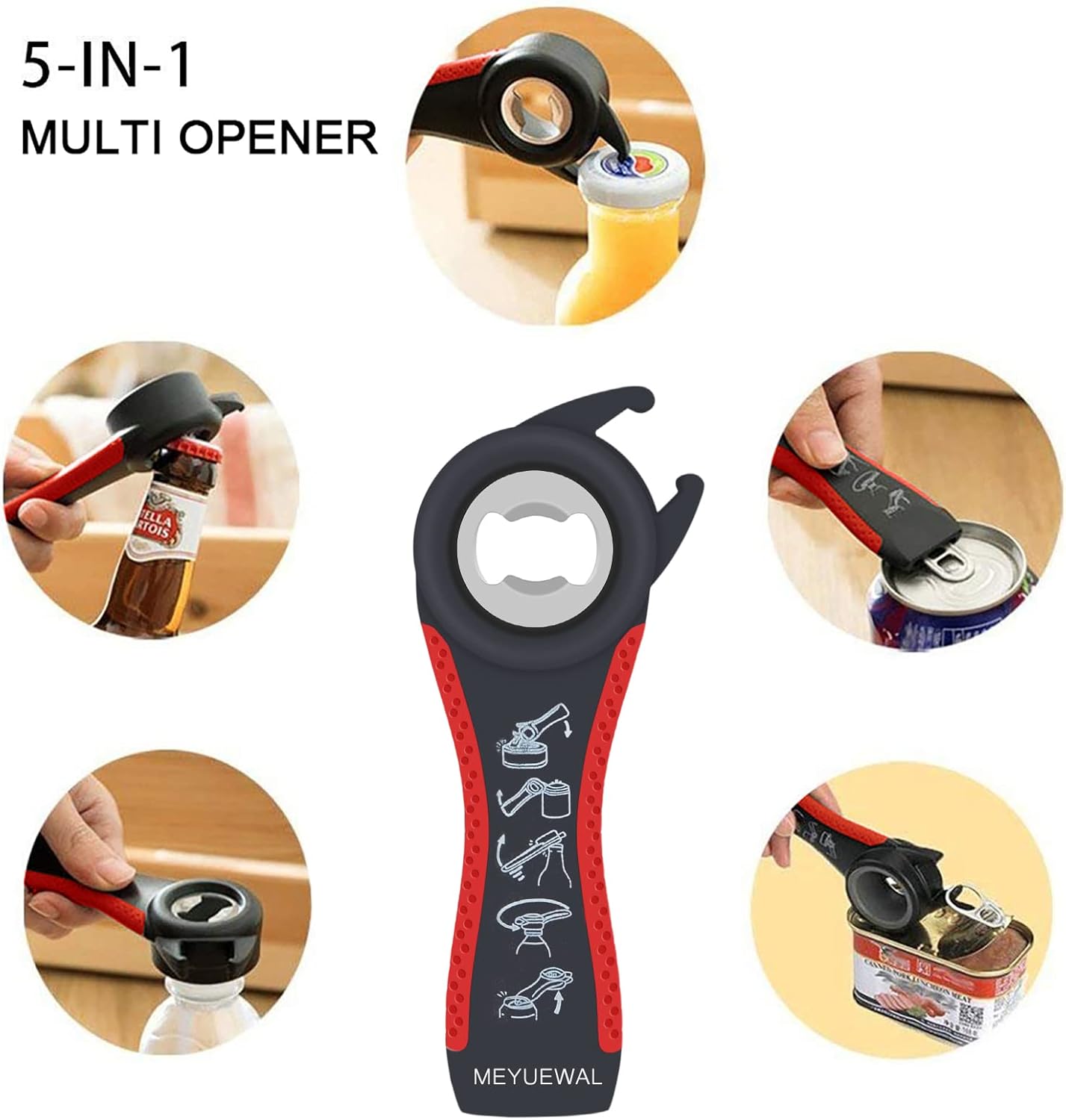 6 in 1 Lid Opener - Bottle, Jar, & Can Opener for Seniors with Arthritis or Weak Hands - Heavy Duty & Smooth Edge, Red