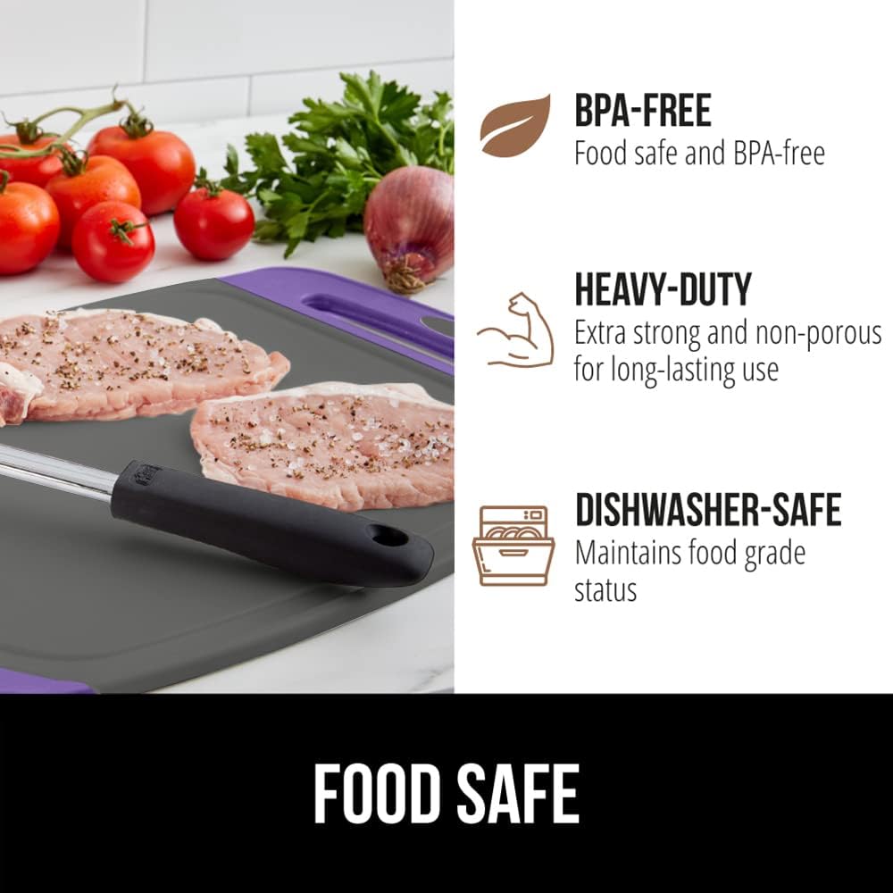 GORILLA GRIP BPA-Free Reversible Kitchen Cutting Board Set of 3, US Designed, Nonporous, Juice Grooves Catch Liquid, Slip Resistant Border, Dishwasher Safe, Durable Food Chopping Boards, Purple Gray