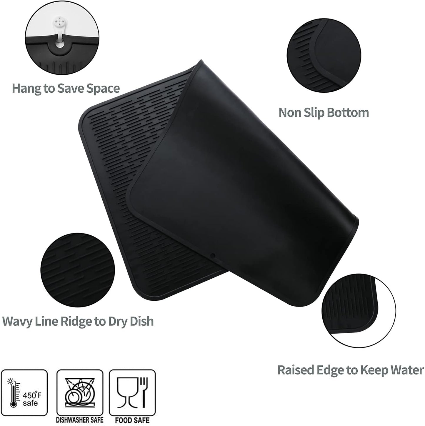 Silicone Dish Drying Mat for Multiple Usage,Easy clean,Eco-friendly,Heat-resistant Silicone Mat for Kitchen Counter or Sink,Refrigerator or Drawer Liner Black 3XL 28 inches x 18 inches