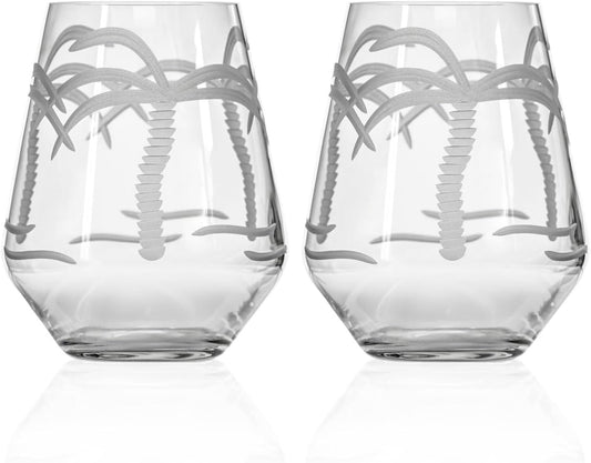 Rolf Glass Palm Tree Stemless Wine Glass 18oz | Set of 2 Wine Tumblers | Lead-free Engraved Coastal Glassware | Made in the USA