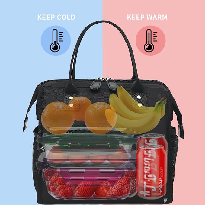 FlowFly Insulated Lunch Bag for Women, Men, Large and Reusable, Handle, Work and Travel Tote and Meal Prep Organizer, Black