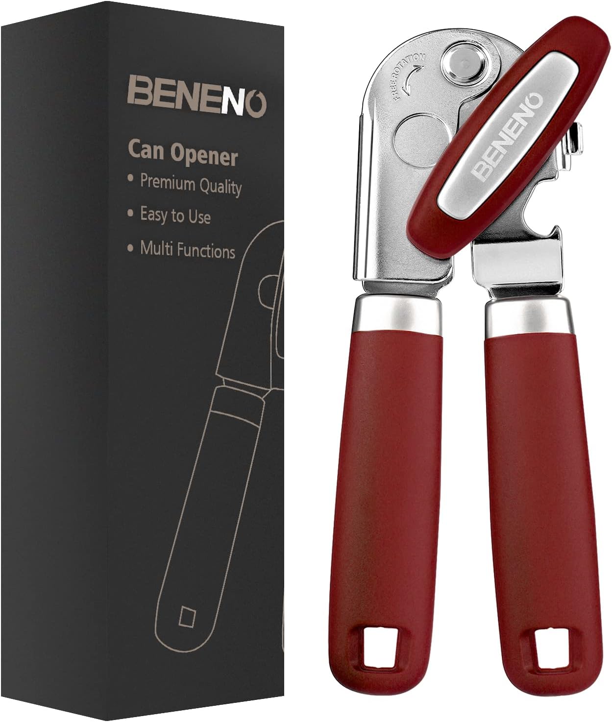 Beneno Heavy Duty Hand Can Opener Manual with Magnet, Durable Sharp Carbon Steel Blade Smooth Cutting, Big Effort-Saving Knob & Soft Grip Handle, Multifunctional Kitchen Tool with Bottle Opener, Red