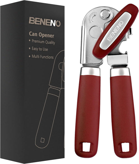 Beneno Heavy Duty Hand Can Opener Manual with Magnet, Durable Sharp Carbon Steel Blade Smooth Cutting, Big Effort-Saving Knob & Soft Grip Handle, Multifunctional Kitchen Tool with Bottle Opener, Red
