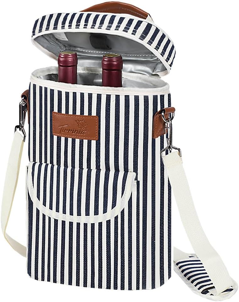Tirrinia 2 Bottle Wine Gift Tote Carrier - Leakproof & Insulated with large pockets Wine Cooler Bag for Travel, Wine Tasting, Party, Dinner,Great Gift for Wine Lover