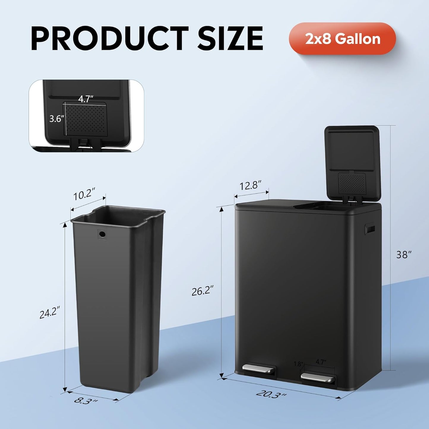 WLIVE 2 x 8 Gallon Stainless Steel Dual Trash Can, Double Trash Can Kitchen with Soft-Close Lid, Trash and Recycle Bin Combo, Kitchen Garbage Can with Deodorizing Filter Box and Inner Buckets, Black